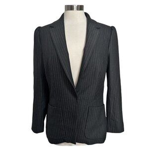 Rebecca Taylor Size 10 Black Striped Puff Sleeve Single Button Thick Blazer